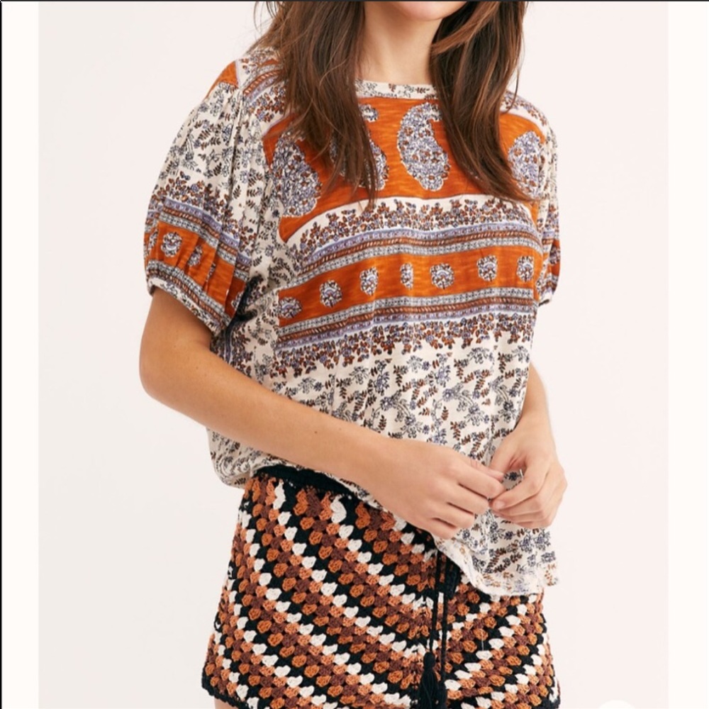 Free People Paisley Puff Sleeve Tee Shirt
